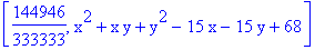 [144946/333333, x^2+x*y+y^2-15*x-15*y+68]